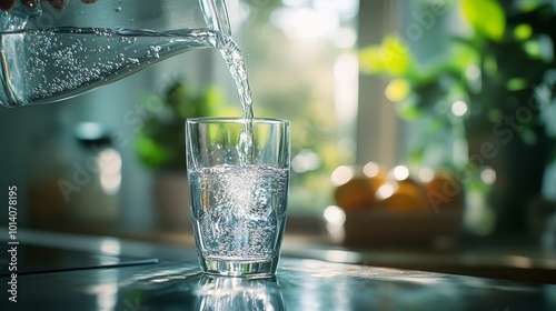 Clear crystal water pouring from a glass pitcher into a glass on a kitchen table. photo