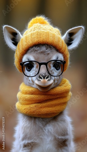 A cute young giraffe wearing glasses and a yellow knit hat and scarf in a forest setting