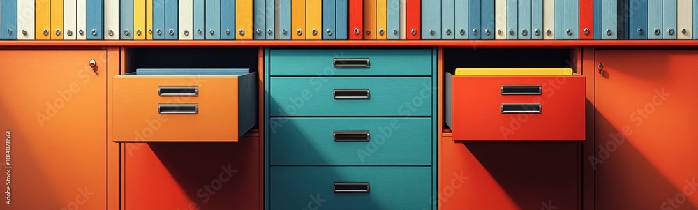 Brightly colored filing cabinets are lined up against a wall Brightly colored filing cabinets are lined up against a wall