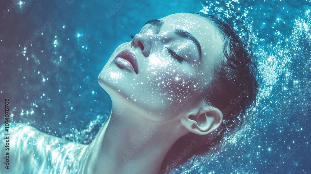 Fototapeta premium young woman with blue eyes and fair skin, wearing light makeup, looking straight ahead in a snowy mountain landscape. The sky is a turquoise color