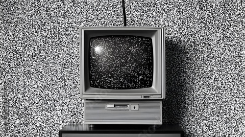 A captivating visual of TV noise static effect presented in a monochromatic theme, featuring a grainy texture of random black and white pixels photo