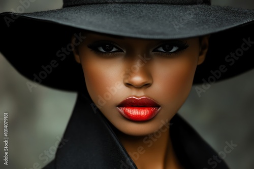 Elegant woman with vibrant red lipstick and a black hat portrait, showcasing beauty and fashion.