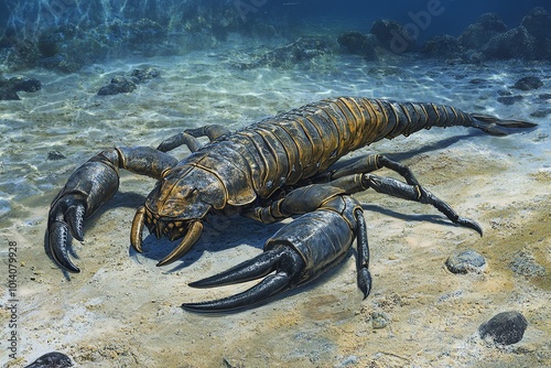 Illustration of a prehistoric sea scorpion on the ocean floor, showcasing its detailed anatomy and ancient underwater habitat. photo