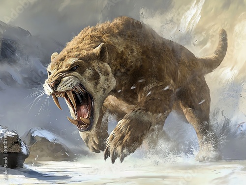 A ferocious saber-toothed tiger roars in a snowy landscape, showcasing its powerful presence and ancient majesty in a prehistoric setting.