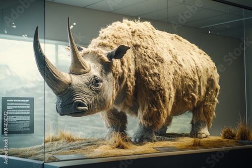 Majestic woolly rhino on display in the museum exhibit, highlighting its prehistoric features and unique horn structure.