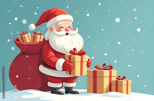 Santa Claus with his bag and Christmas gifts. Snowy weather. Blue background.