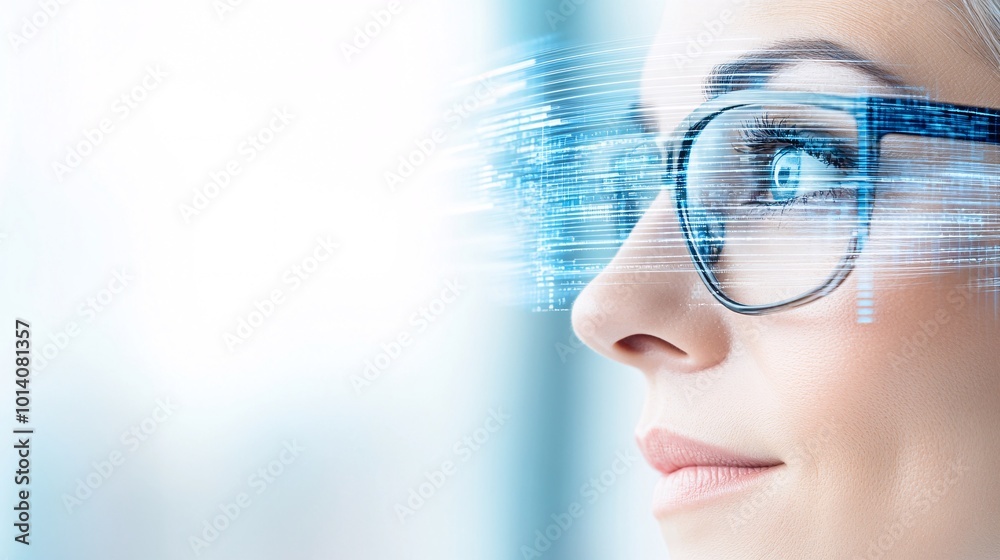 Beautiful woman in glasses, business-style portrait, hologram of data and code floating around her head, blurred background with a window, Beautiful woman in glasses, business-style portrait, hologram of data and code floating around her head, blurred background with a window,