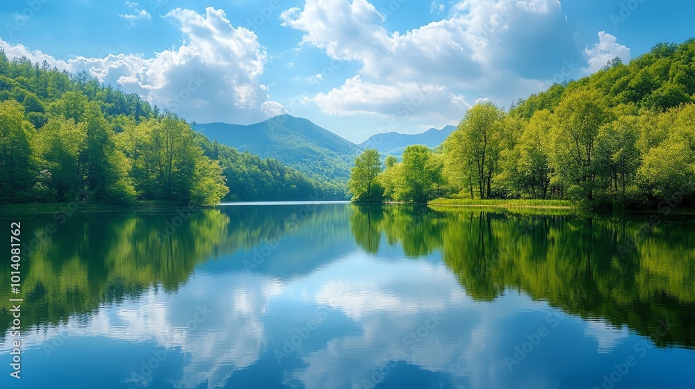 Tranquil lake scene with lush green trees reflecting in the water against a backdrop of mountains under a blue sky with fluffy clouds. Tranquil lake scene with lush green trees reflecting in the water against a backdrop of mountains under a blue sky with fluffy clouds.