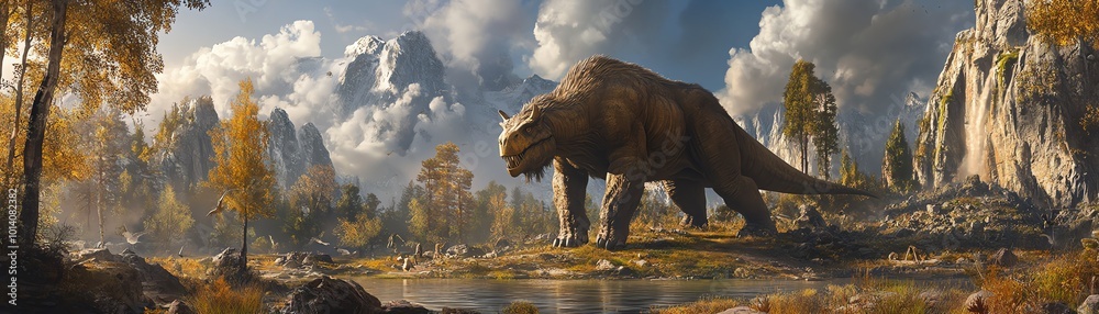 Fototapeta premium A majestic dinosaur roams through a prehistoric landscape with mountains and forests, depicting a serene yet untamed ancient world.