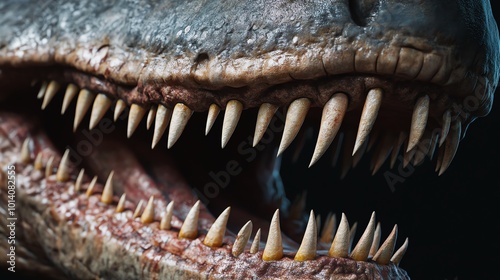 Close-up of fierce dinosaur teeth showing sharpness and detail, capturing the raw power and ancient nature of prehistoric predators.