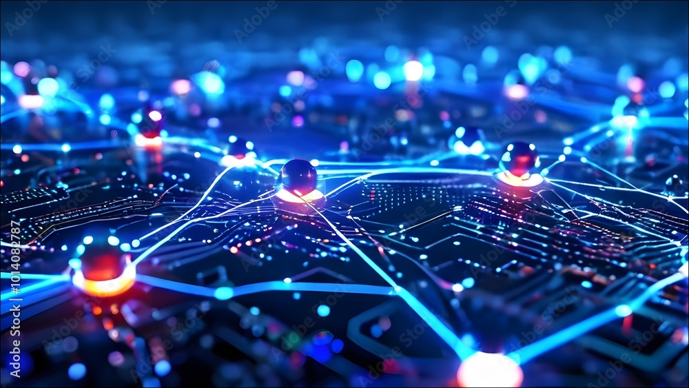 Show a network of interconnected AI systems, each represented by glowing nodes in a futuristic digital landscape. Show a network of interconnected AI systems, each represented by glowing nodes in a futuristic digital landscape.