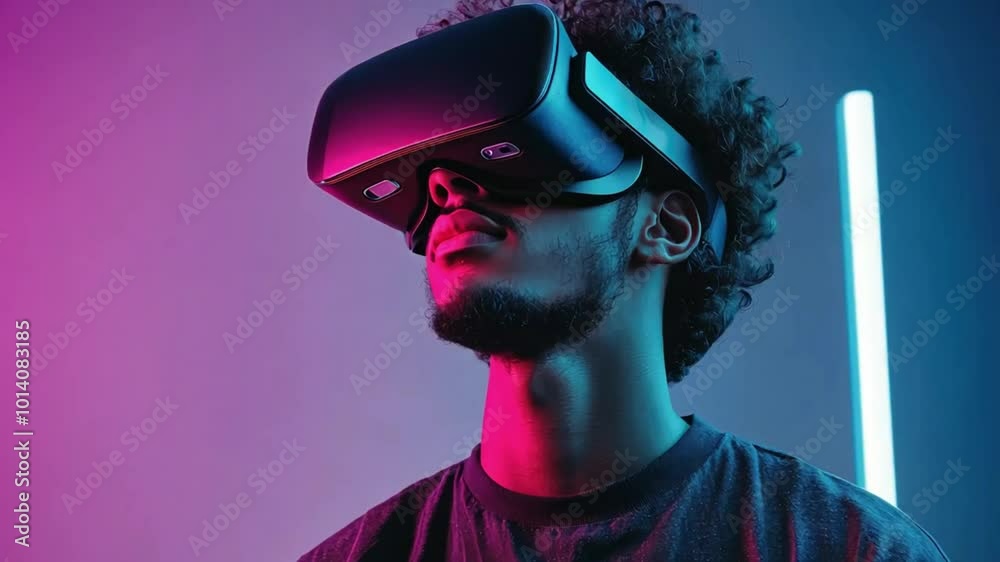 A person wearing a virtual reality headset, immersed in a colorful digital environment. A person wearing a virtual reality headset, immersed in a colorful digital environment.