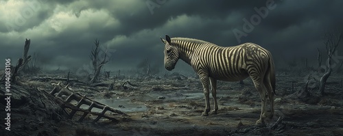 Dramatic scene with a lone zebra in a desolate landscape under a stormy sky, evoking feelings of isolation and resilience. photo