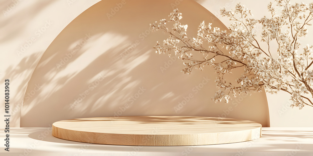 3D cylindrical wooden podium in a light beige pink studio. wild tree branches with flowers on the sides. minimalist design, room. podium for product presentation. fresh atmosphere 3D cylindrical wooden podium in a light beige pink studio. wild tree branches with flowers on the sides. minimalist design, room. podium for product presentation. fresh atmosphere