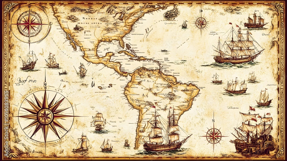 Fototapeta premium Vector illustration of a vintage map of the Caribbean Sea on worn parchment, featuring ships, islands, land, wind rose, and cardinal points, with a fantasy world design