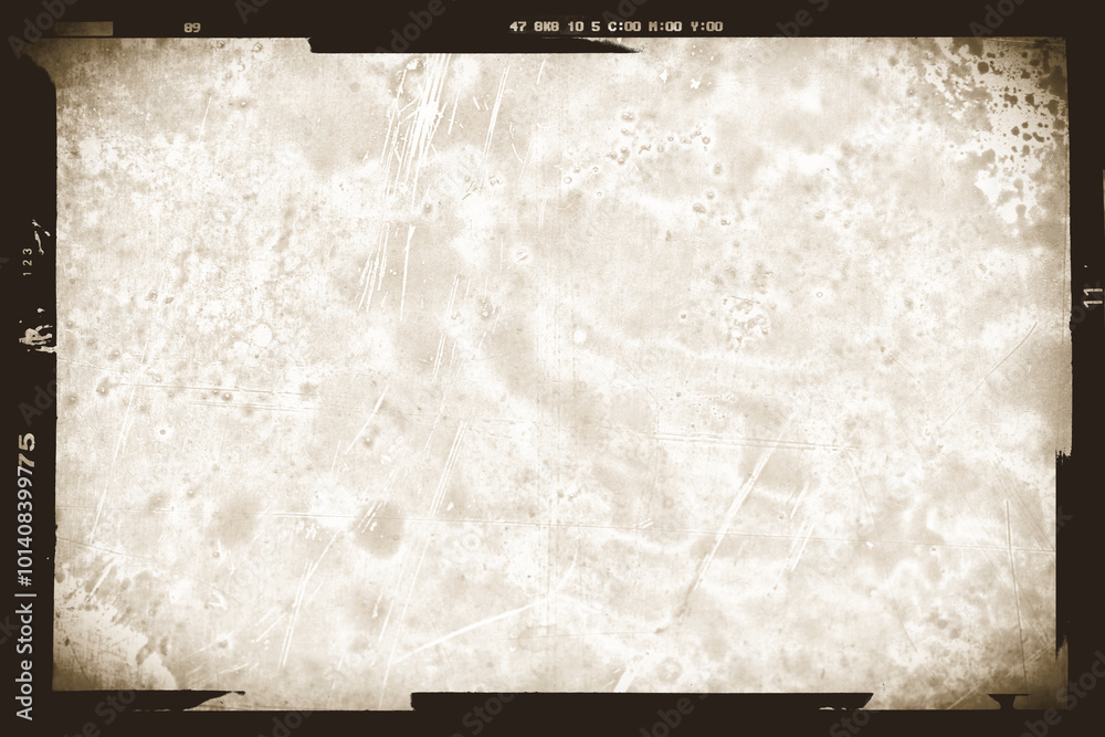 Vintage photo film frame of a middle format camera with sepia photo lens vignette with strong dust and splatters and wet plate technique on transparent background (png image).