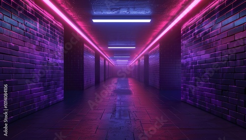 3D render of an empty underground street with brick walls and glowing neon...