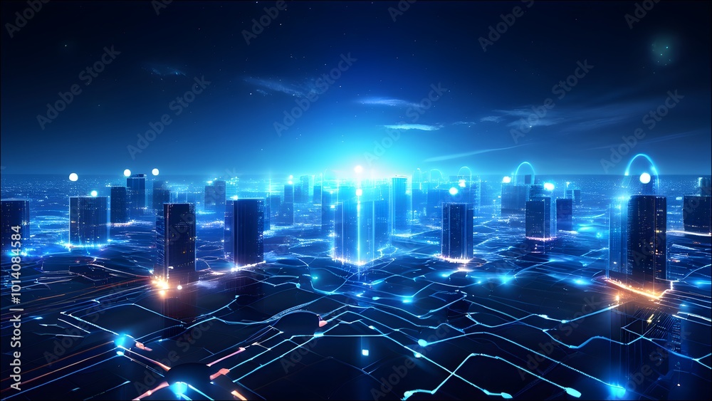 Fototapeta premium Show a network of interconnected AI systems, each represented by glowing nodes in a futuristic digital landscape.