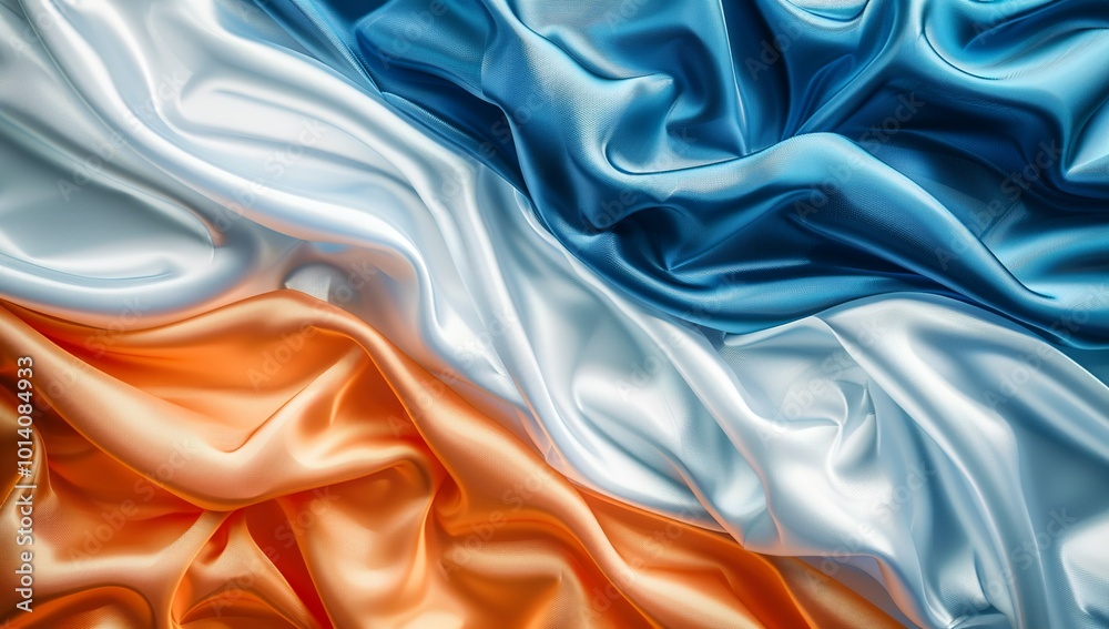 Obraz premium Abstract background with blue, white and orange silk satin fabric waves, soft...