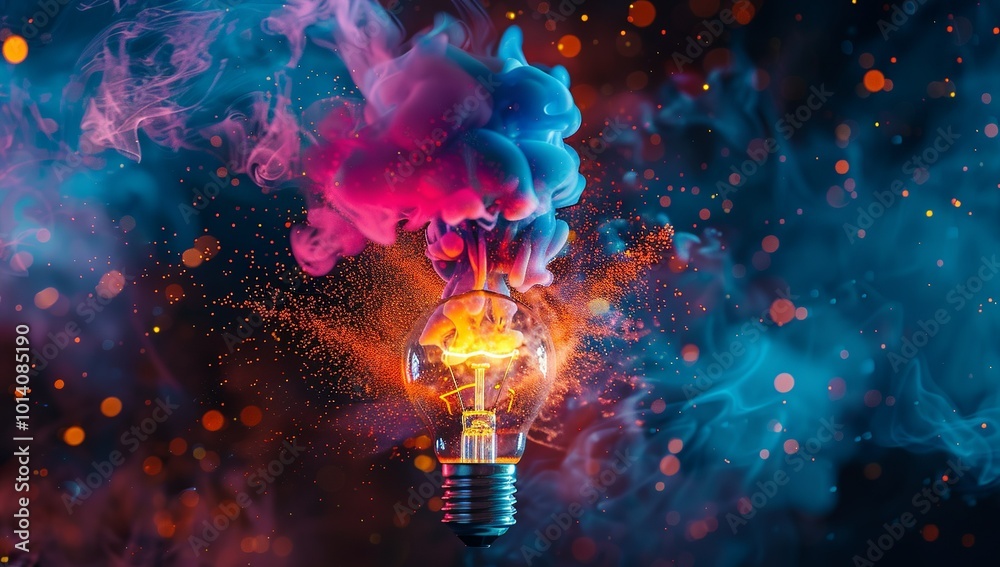 An explosion of colorful smoke surrounds an illuminated light bulb,... An explosion of colorful smoke surrounds an illuminated light bulb,...