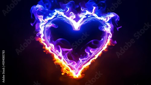 A glowing heart made of intertwining blue and orange flames, symbolizing passion, intensity, and the fusion of contrasting emotions, set against a dark background.