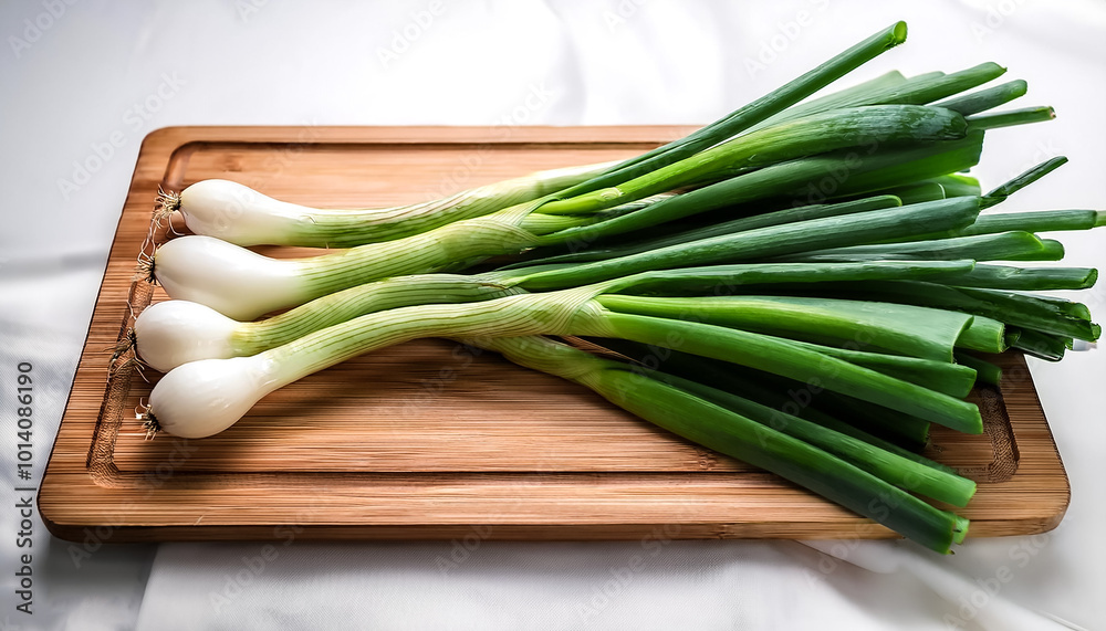 green onions with white stems and green tips placed on a cutting board on a white background green onions with white stems and green tips placed on a cutting board on a white background