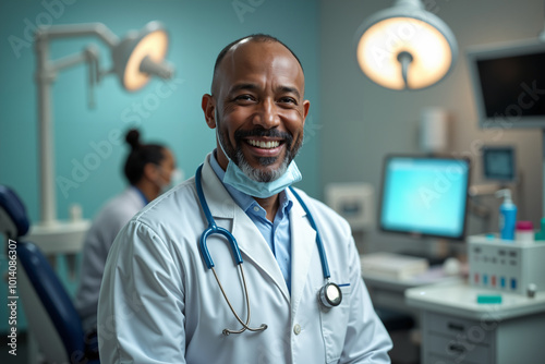 Smiling male doctor wearing a white coat and stethoscope, standing in a well-equipped medical office with a computer monitor and other medical equipment visible in the background.