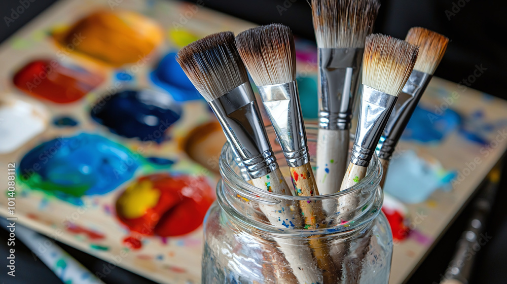 Fototapeta premium close-up of paintbrushes in glass jar, palette with mixed colors in background