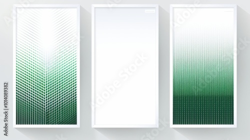 set of 2 frame Abstract khaki green gradient poster background vector set. Modern cover template with green and white perspective geometric prism shape, halftone dot.