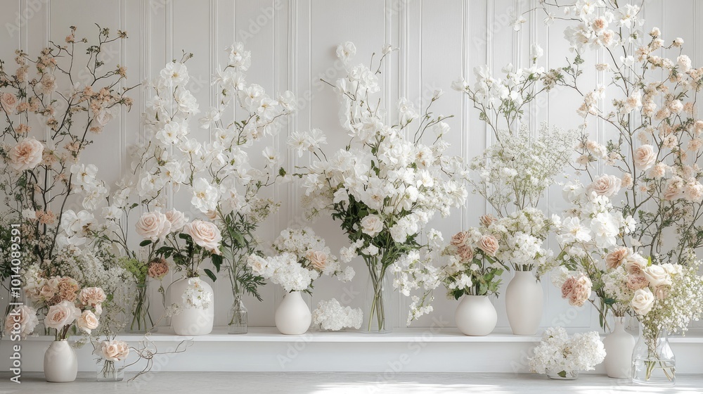 Elegant Floral Arrangement with White and Blush Flowers in Minimalist Vases Against a Soft White Background Elegant Floral Arrangement with White and Blush Flowers in Minimalist Vases Against a Soft White Background