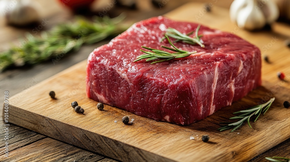 Fresh Raw Beef Steak on Wooden Cutting Board with Rosemary and Peppercorns for Gourmet Cooking and Culinary Presentation Fresh Raw Beef Steak on Wooden Cutting Board with Rosemary and Peppercorns for Gourmet Cooking and Culinary Presentation