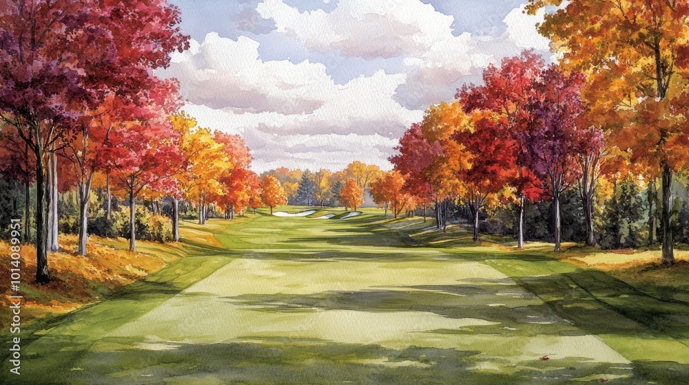 Scenic Autumn Golf Course with Vibrant Fall Foliage and Dramatic Clouds Under a Clear Blue Sky Scenic Autumn Golf Course with Vibrant Fall Foliage and Dramatic Clouds Under a Clear Blue Sky