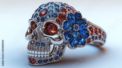 Gem-Encrusted Skull Ring with Floral Design photo