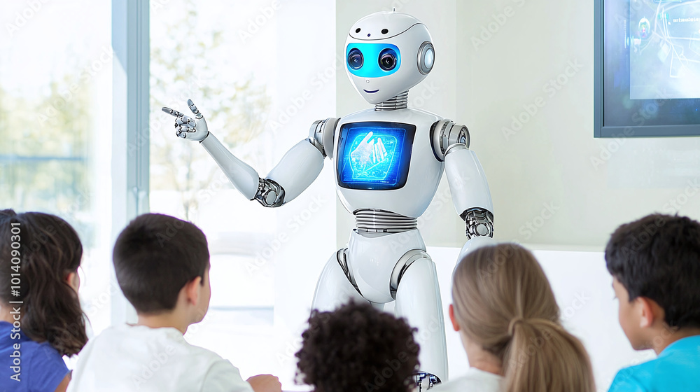 a humanoid AI robot teacher gesturing at a holographic display, attentive students in foreground a humanoid AI robot teacher gesturing at a holographic display, attentive students in foreground