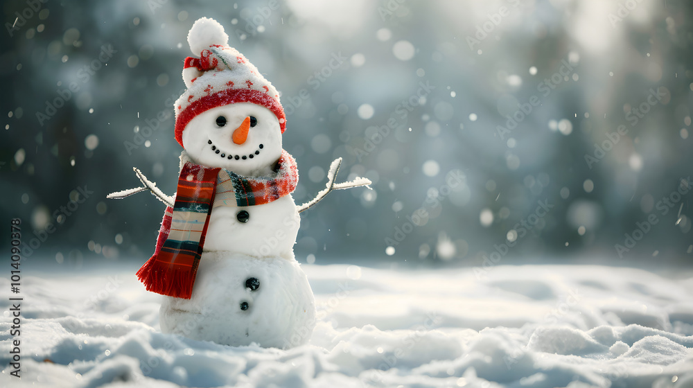smiling snowman in hat and scarf on snow background and copy space bokeh smiling snowman in hat and scarf on snow background and copy space bokeh