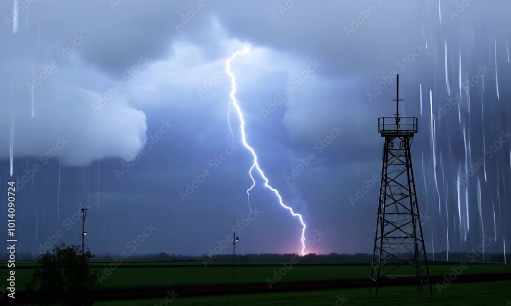 White lightning bolt hitting a metal tower in a stormy field. Video