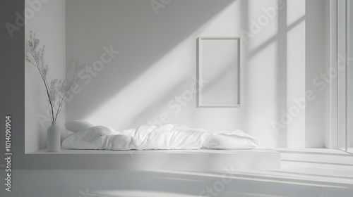 White home bedroom interior with a bed  lounge zone  and window  designed for relaxation and featuring a minimalist aesthetic