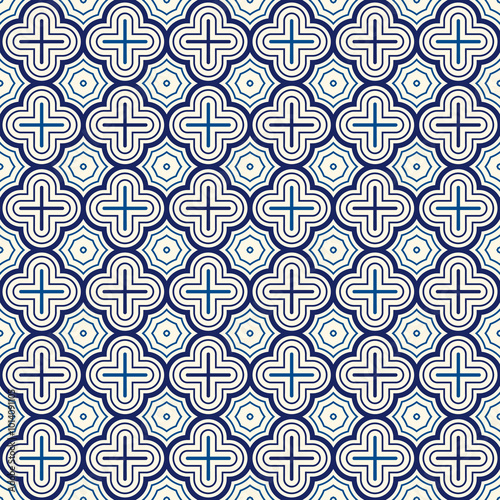 Oriental pattern. Repeated crosses and stars abstract ornament. Quatrefoil figures wallpaper. Maroccan mosaic tiles. Arabesque digital paper, textile print. Vector minimalist seamless surface design