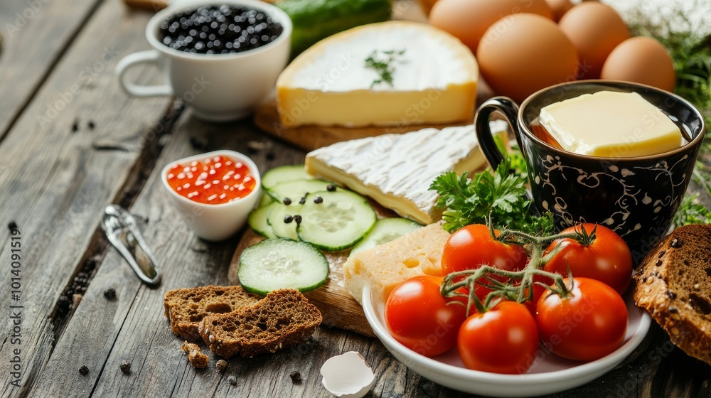 A simple meal of cheeses, rye bread, eggs, butter, cucumbers, tomatoes, and tea. the idea of delicious, organic meals.