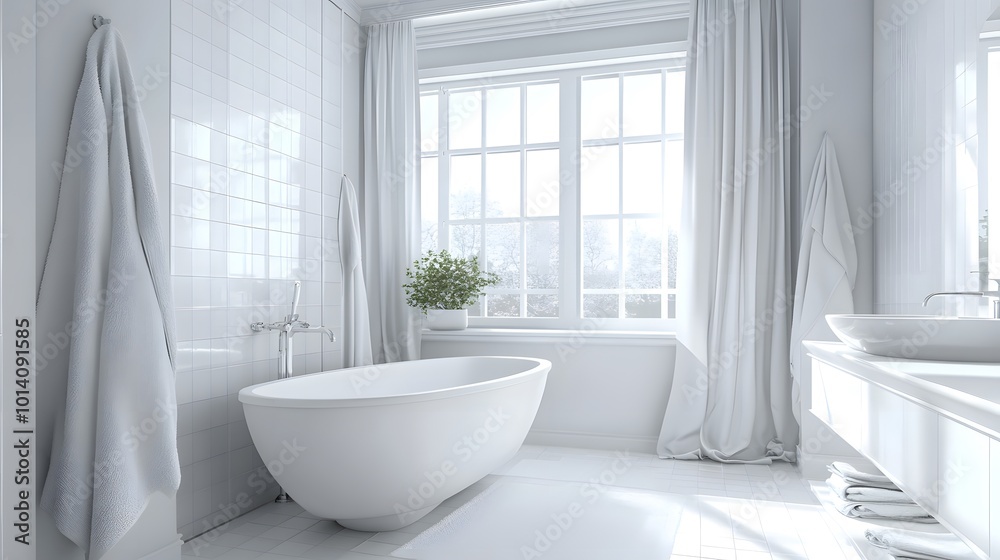 White hotel bathroom interior with a tub and shower, complemented by a window and a mockup wall White hotel bathroom interior with a tub and shower, complemented by a window and a mockup wall
