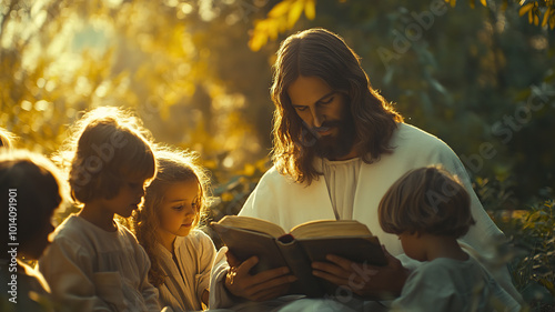 Jesus Christ and children reading book in the garden on morning