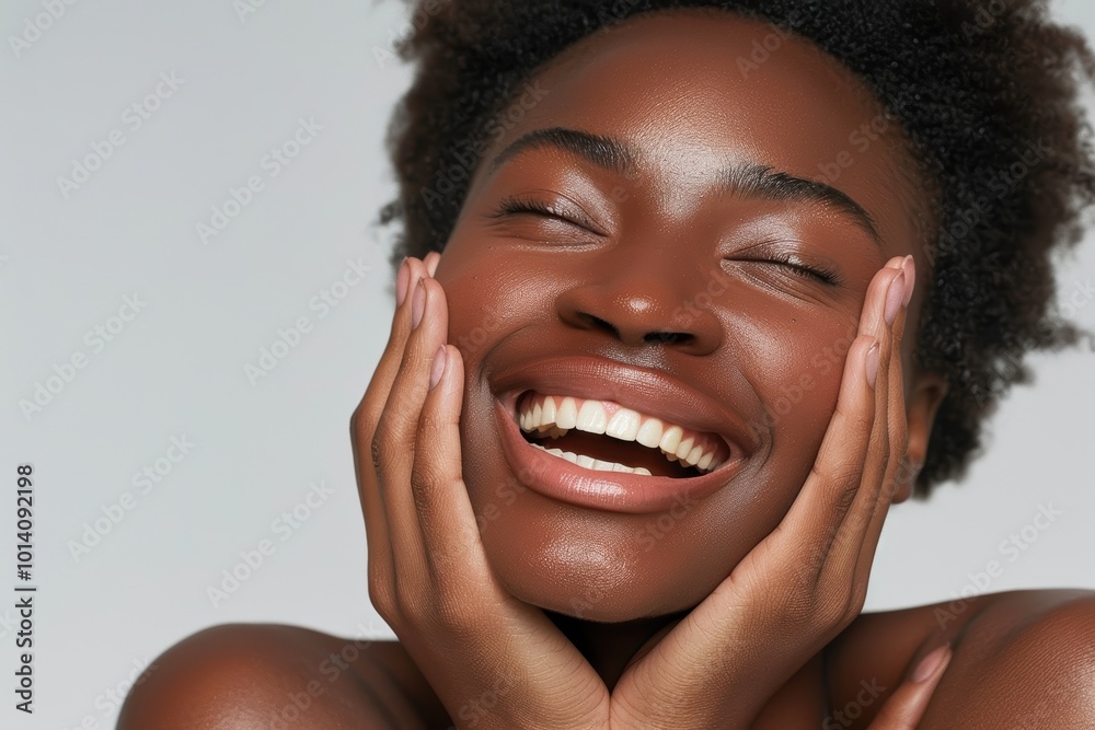 Cheerful young mixed race woman touching her face and posing confidently against a studio backdrop
