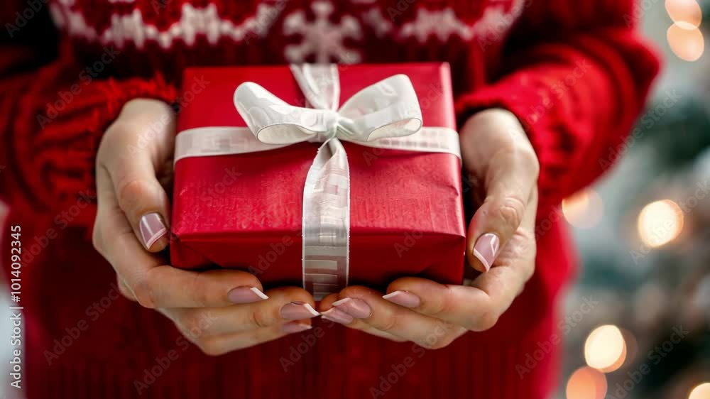 Person in a festive sweater holds a beautifully wrapped red gift with a silver bow during the holiday season celebration Person in a festive sweater holds a beautifully wrapped red gift with a silver bow during the holiday season celebration