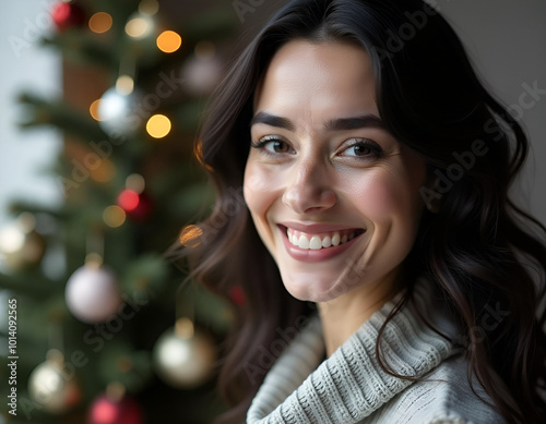 A young Caucasian woman with long dark hair smiling in front of a Christmas tree, looking to camera, blurrrd background, lights in background photo