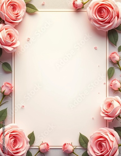 Delicate pink roses surround a blank space, perfect for writing personal messages. This lovely floral arrangement adds elegance to any occasion. Background for birthday, mother day, valentine day. AI