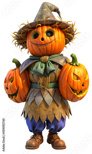 Halloween Scarecrow with a Grinning Pumpkin Head photo