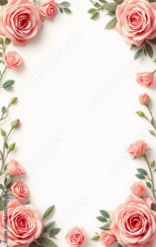 Delicate pink roses surround a blank space, perfect for writing personal messages. This lovely floral arrangement adds elegance to any occasion. Background for birthday, mother day, valentine day. AI