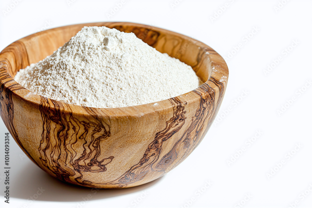 a rustic wooden bowl brimming with finely milled flour, isolated on white background a rustic wooden bowl brimming with finely milled flour, isolated on white background