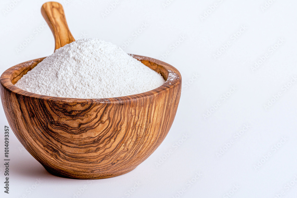 a rustic wooden bowl brimming with finely milled flour, isolated on white background a rustic wooden bowl brimming with finely milled flour, isolated on white background