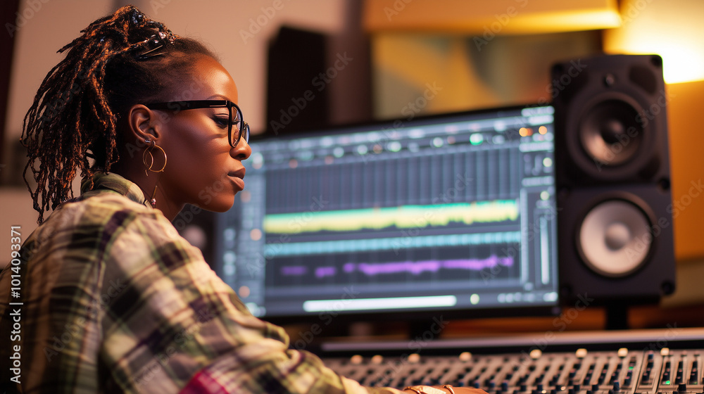 Black Woman Sound Engineer Editing Music Tracks in Professional Studio Black Woman Sound Engineer Editing Music Tracks in Professional Studio